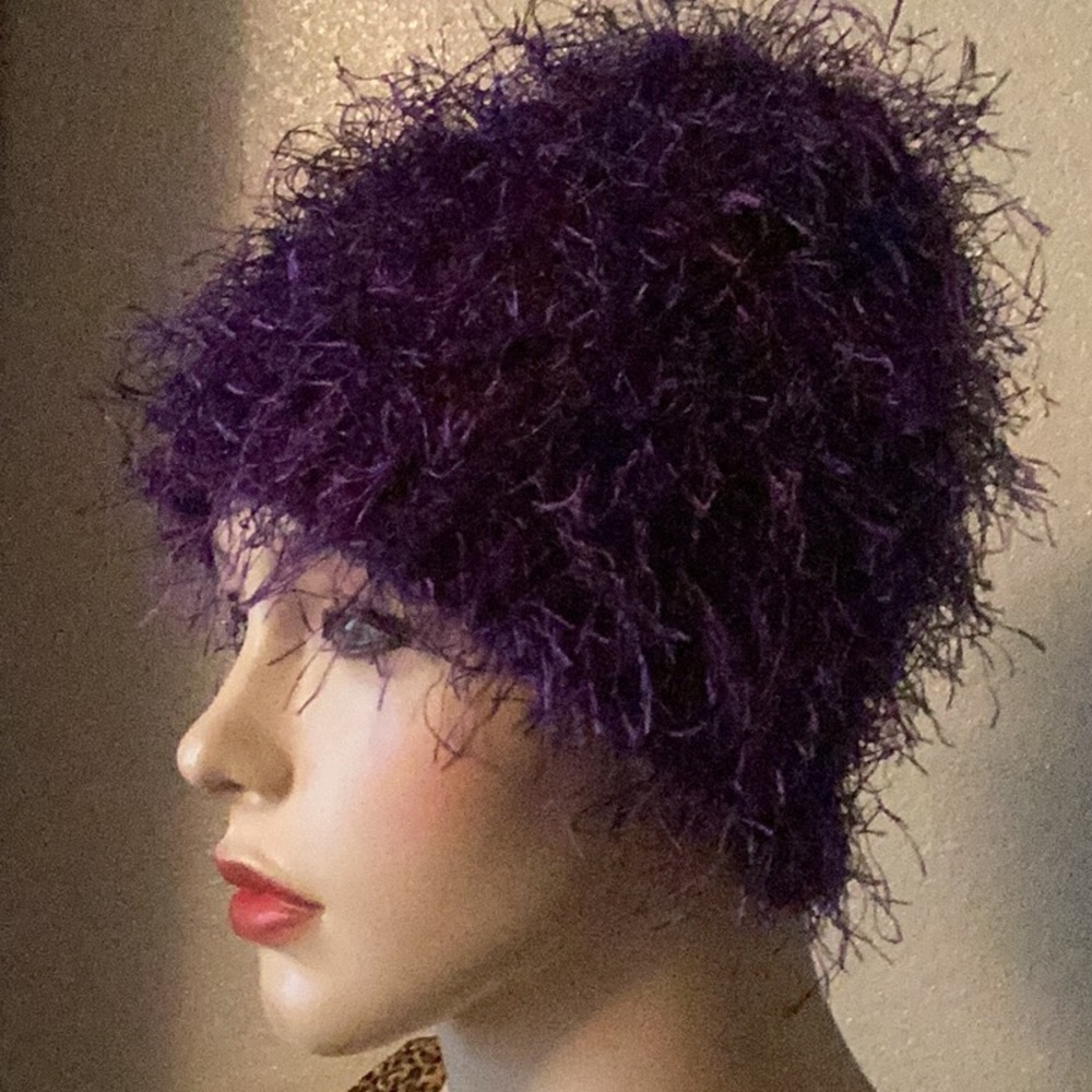 Purple fuzzy hand knitted hat,one of a kind original design